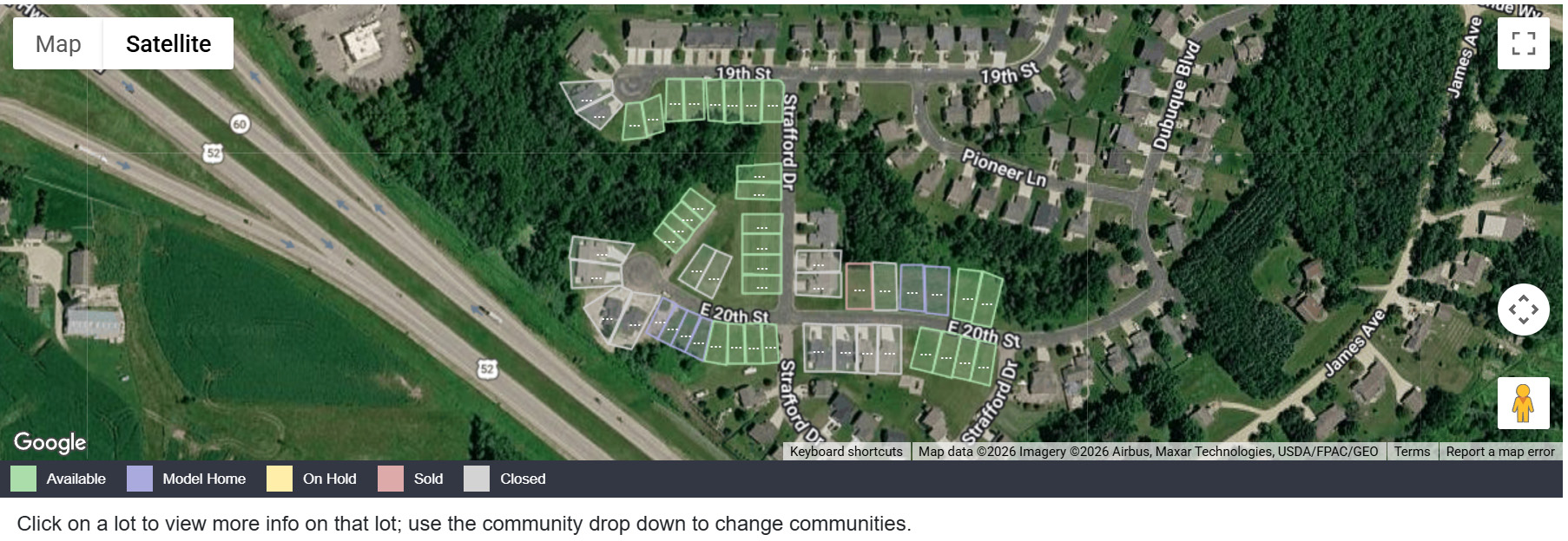 Interactive lot-availability map on a Southern Minnesota home builder's website showing color-coded subdivision lots