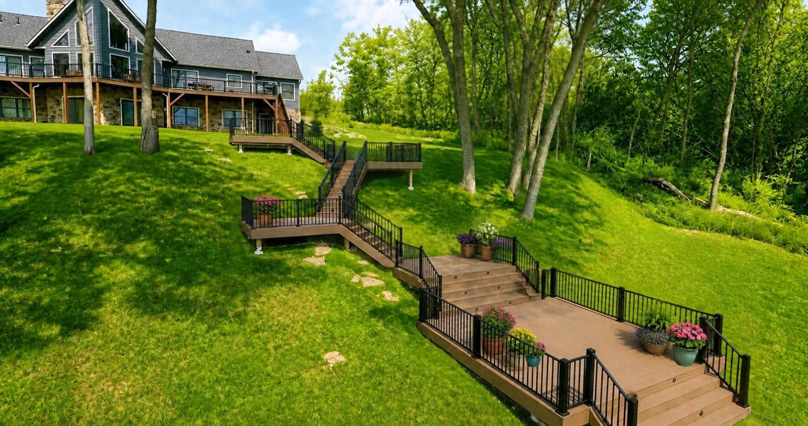 No maintenance decking and stairway multi-level design